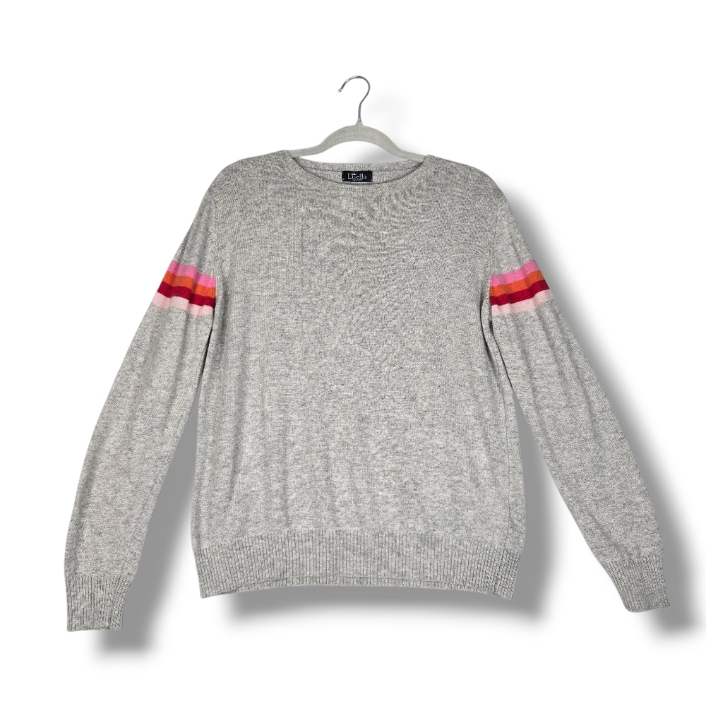 Luella Cashmere Blend Gray Crewneck Sweater Medium / Large Stripe Red Pink Trim - Picture 16 of 16